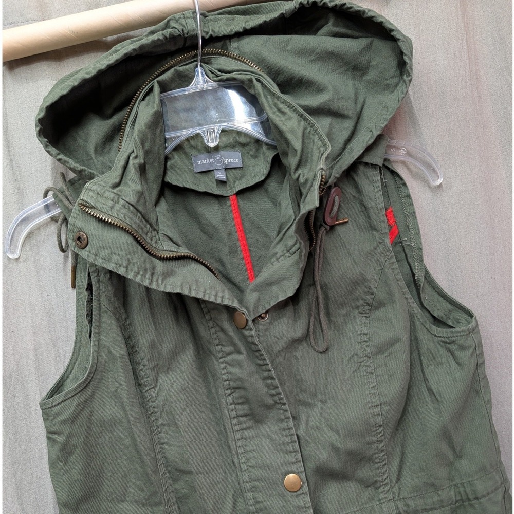 Market & Spruce Womens Olive Green Utility Vest Hooded Cotton SF7539T Small